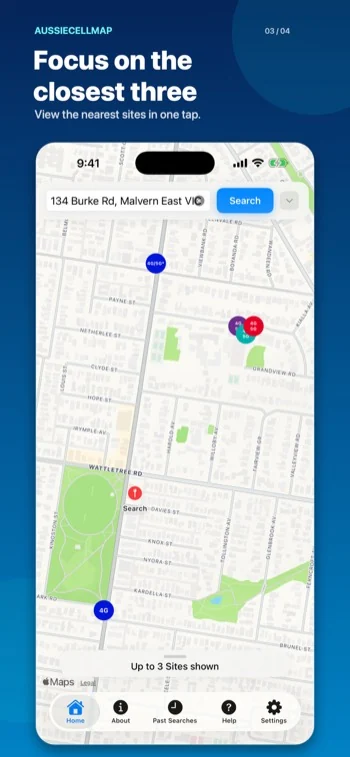 AussieCellMap three closest tower sites