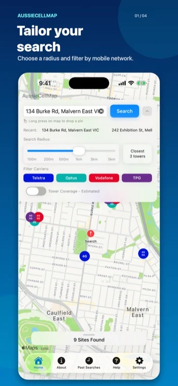 AussieCellMap search radius and carrier filters