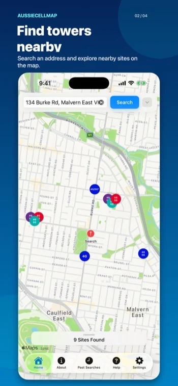 AussieCellMap showing nearby tower sites on an iPhone map