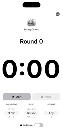Boxing Chrono on iPhone: timer setup, duration selectors and Bell Mode